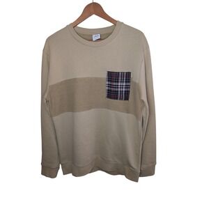 ZARA Cabincore Earth Tone Beige Crewneck Plaid Pocket Sweatshirt Mens L